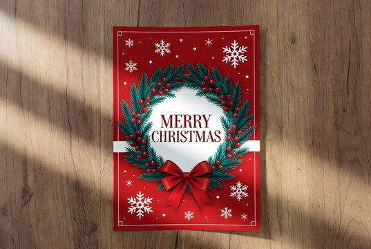 Elegant Merry Christmas Card Design with Red Ribbon and Holiday Wreath