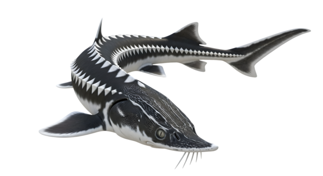 Realistic sturgeon fish model with distinct white scutes isolated