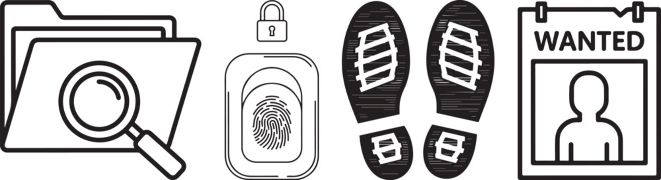 Outline Vector Icons Depicting Investigation, Evidence, and Security Elements