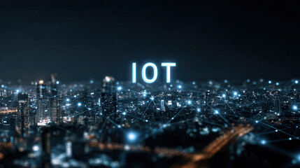 Internet of things glowing above a futuristic city at night