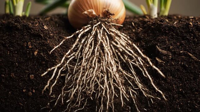 Onion bulb with visible roots growing in dark fertile soil