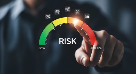 Businessman pointing to risk meter showing high risk level indicator
