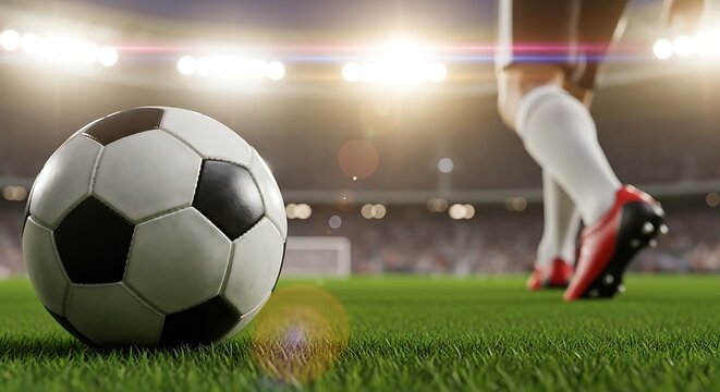Close up of a black and white soccer ball on a green grass field with a blurred stadium and player in the background