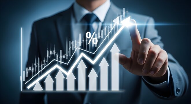 Businessman touching a rising graph representing financial growth and success