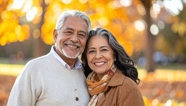 Happy senior couple smiling outdoors in autumn park.