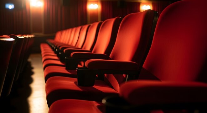 Rows of red seats in a dimly lit theater auditorium