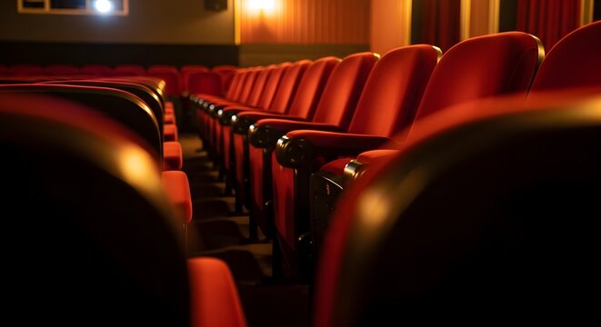 Rows of red seats in a dimly lit theater auditorium - Powered by Adobe