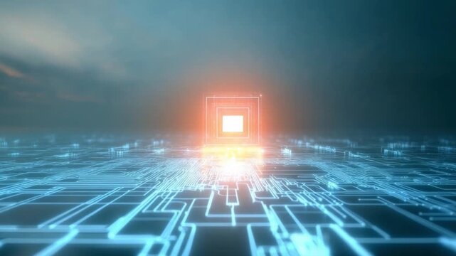 Futuristic Technology Abstract: An electrifying digital landscape, pulsing with vibrant energy, radiates from a central nexus, inviting exploration of an advanced technological frontier. 