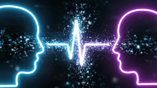 Abstract Digital Communication: Glowing Human Profiles with Pulsating Brainwave Connection