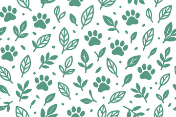 Seamless green pattern with paw prints and leafy branches
