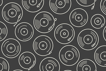 Fototapeta premium Seamless vinyl record pattern with turntables on dark background