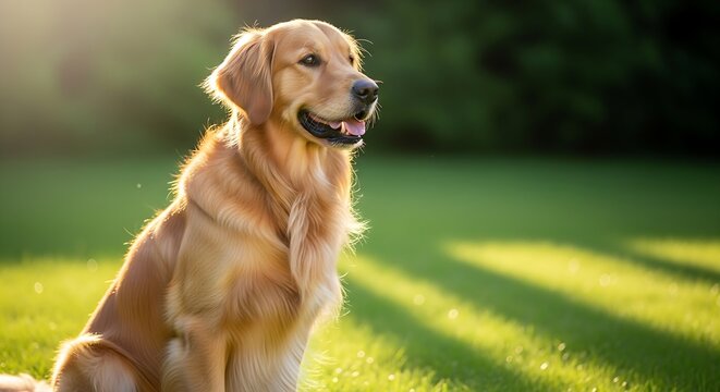 Golden retriever dog sitting in a sunny grassy field at sunset