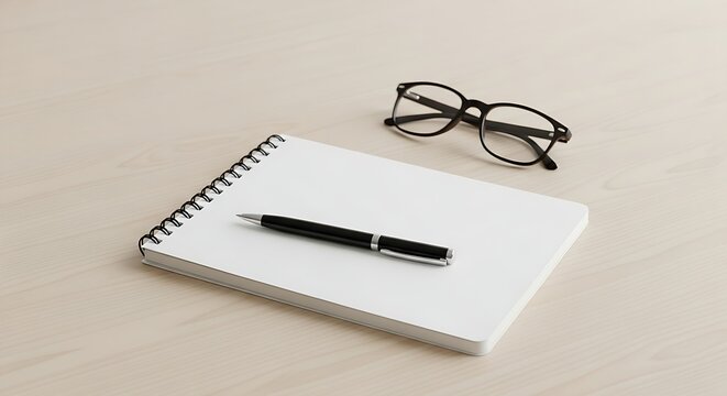 Clean white notebook with black pen and glasses on neutral background