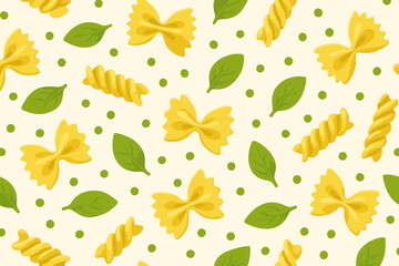 Seamless pasta pattern with farfalle, fusilli, basil leaves, and peas on cream background