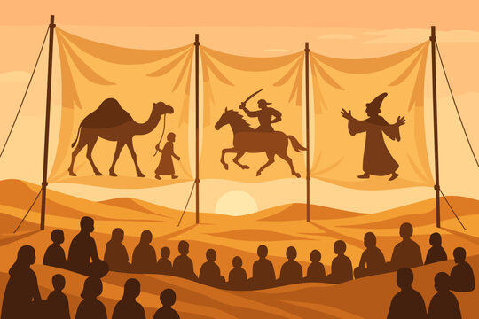 Desert shadow puppet show at sunset with audience silhouettes