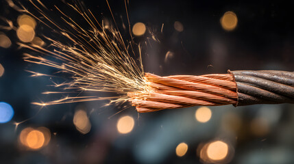 severed. Severed electrical cable with sparks from exposed copper wires. product launch decks, UI/UX mockups, designed for product launches and innovation pitches, highlights innovation.