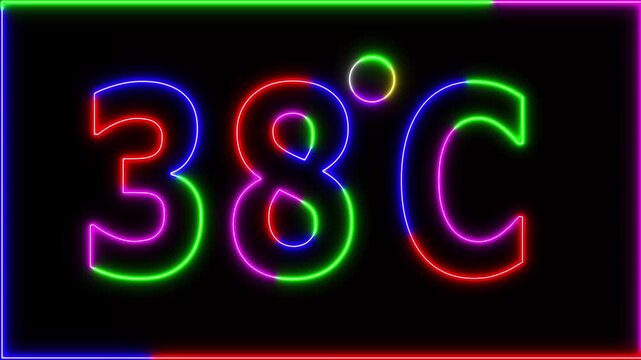 Neon 38&deg;C temperature display showing on black background. Weather temperature displays by degree, climate change, Scientific designs.