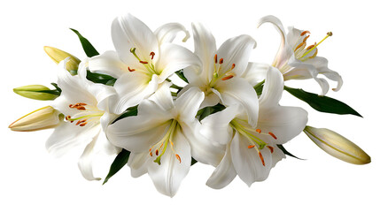 Beautiful cluster of white oriental lilies with green leaves isolated on transparent background © Wajed Creative