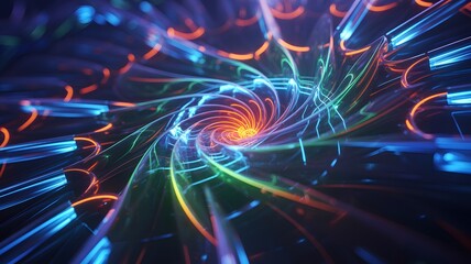 Abstract glowing spiral tunnel with vibrant neon lights and futuristic design