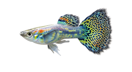 Vibrant colorful male guppy fish with detailed spotted fins.