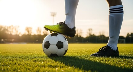 Soccer player's foot resting on a soccer ball on a grassy field at sunset football