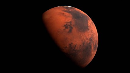 Mars planet rotating on a black background, high detailed and realistic surface of Mars, scientific background, 4k seamless animation. - Powered by Adobe