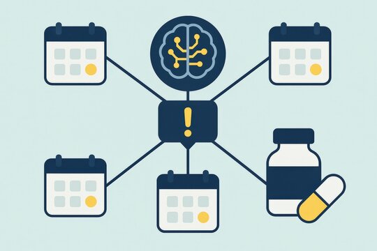 Comprehensive interconnected schedule for medication management with visualized neural pathways representing cognitive health maintaining synchronization and mindful adherence to treatment plans