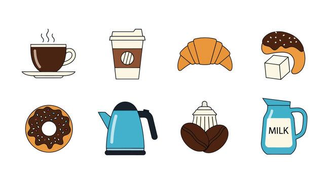 Assortment of coffee and pastries isolated on white background vector illustration