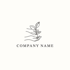 Elegant line art logo of hands gently holding a plant.