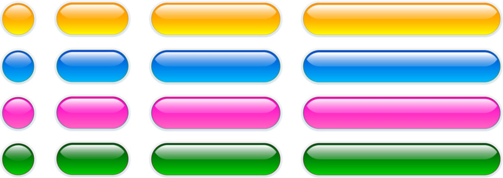Multicolored buttons isolated, shiny glass navigation panel for website.