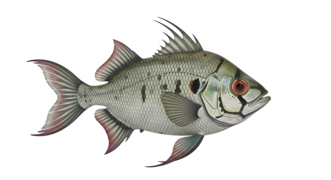 Exotic freshwater fish with red eye and detailed scale patterns