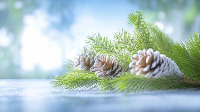 Winter Serenity: A delicate arrangement of frosty pinecones and evergreen needles evokes the crisp beauty and tranquility of winter, creating a scene of peaceful charm.