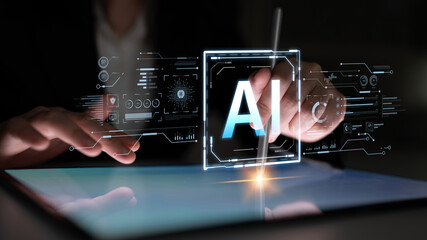 A futuristic user interface for business intelligence. This advanced AI dashboard displays complex data analysis, charts, and graphs for strategic corporate insights. Fermion