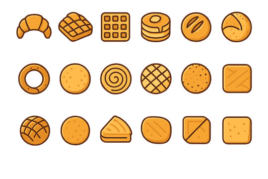 Bakery icon set with assorted pastries, cookies, and bread