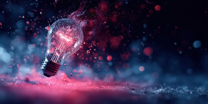 Abstract Digital Light Bulb Exploding with Red and Blue Particles on Dark Background