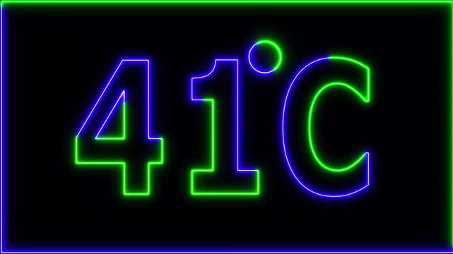 Neon 41&deg;C temperature display showing on black background. Weather temperature displays by degree, climate change, Scientific designs.