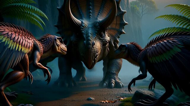 Cinematic 3D animation of a Triceratops facing a pack of feathered raptors in a misty prehistoric jungle, illustrating ancient wildlife survival.