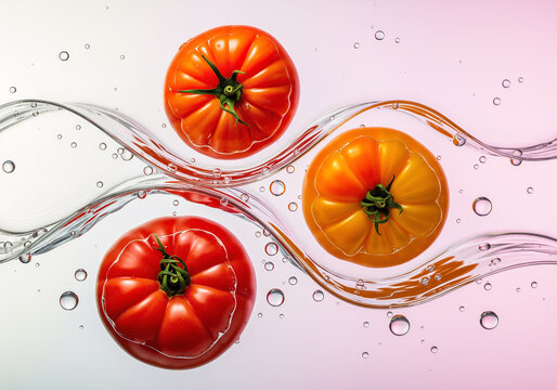 Fresh heirloom tomatoes splashing in clean water with dynamic waves. Top view of healthy, organic vegetables on a gradient background.