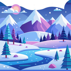 Flat winter snowy landscape background. Vector illustration. stock illustration