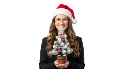 Cheerful Young Businesswoman in Santa Hat and Suit Holding Small Decorated Christmas Tree for Holiday Office Celebration