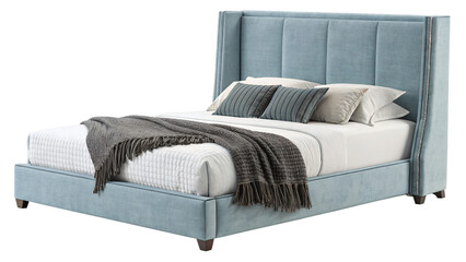 Modern blue bed with pillows and cozy throw blanket
