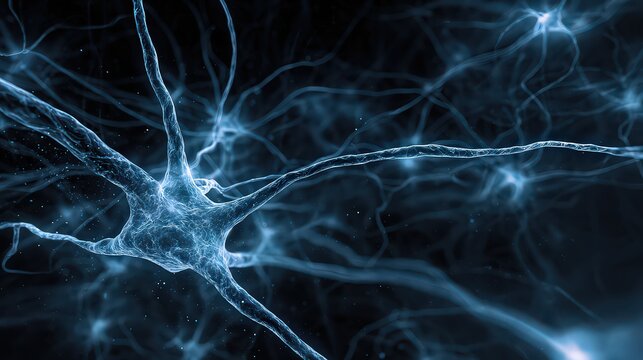 Abstract Digital Representation Of Neural Network Structure And Connection With Glowing Blue Dots On Dark Background