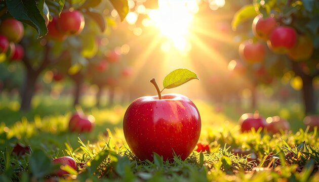 Vibrant red apple resting on lush green grass in a sun-drenched orchard at golden hour.