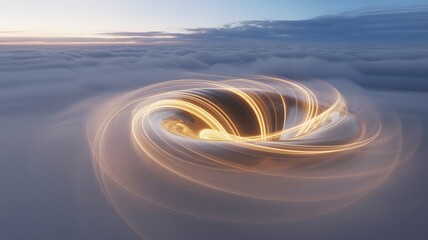 Abstract vortex with golden light trails swirling above a sea of clouds