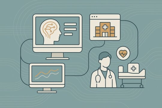 Illustrating the integration of artificial intelligence in healthcare systems featuring a doctor connecting patient data through digital platforms capturing the essence of modern medical
