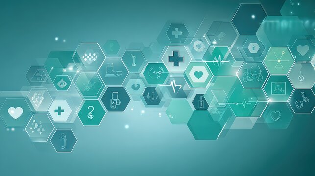 Abstract Healthcare Digital Hexagon Network with Blue Green Tones and Glowing Effects