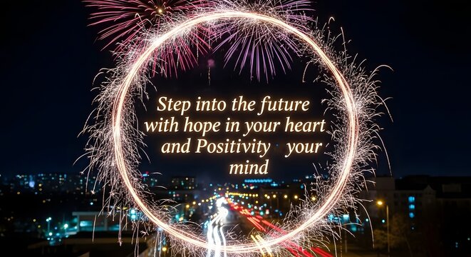Festive fireworks display with inspirational text against a dark cityscape