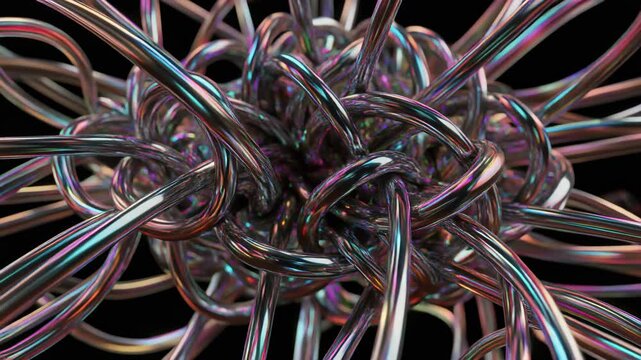A complex structure of tangled reflective tubes forms an intricate technological pattern, creating a dynamic futuristic visual ideal for engineering themes, sci-fi concepts and digital graphics.