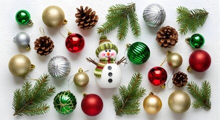 Festive christmas decorations including ornaments pine branches and a snowman figure