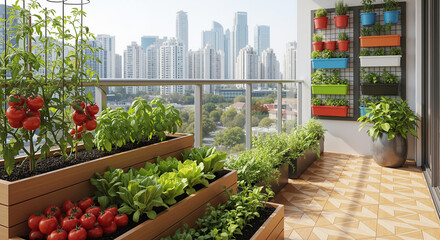 Urban balcony garden with fresh homegrown vegetables and herbs growing in raised beds against a modern city skyline.